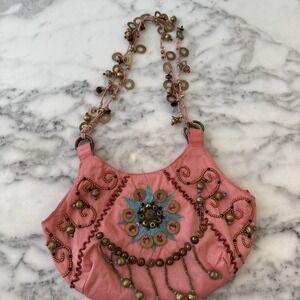Vintage Maggi B Pink Taffeta Beaded Shoulder Bag Handbag Purse Boho